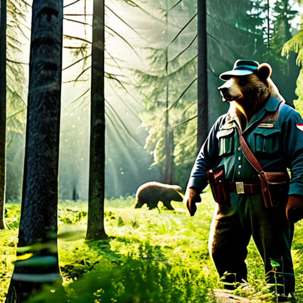 A majestic brown bear, fully clothed in a ranger uniform with a hat, stands amidst a lush Slovenian forest. Sunlight filters through the trees, illuminating the bear in a professional, family-friendly setting. Perfect anatomy, correct proportions, natural pose, well-formed hands, proper finger count. Safe for work, appropriate content, modest clothing.