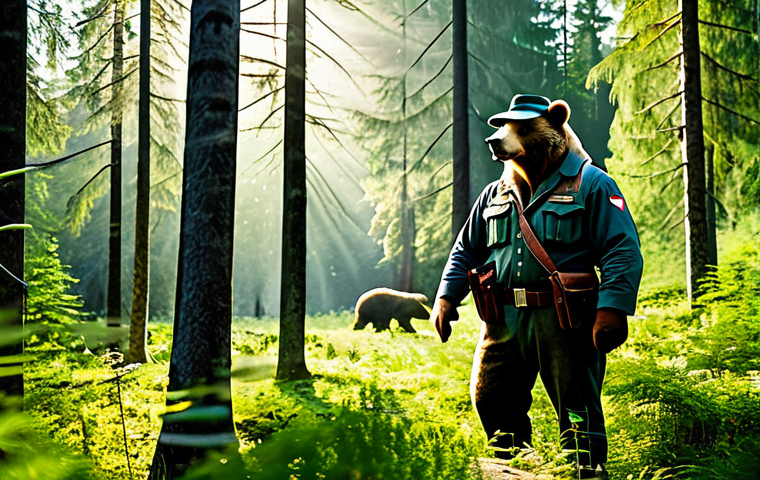 A majestic brown bear, fully clothed in a ranger uniform with a hat, stands amidst a lush Slovenian forest. Sunlight filters through the trees, illuminating the bear in a professional, family-friendly setting. Perfect anatomy, correct proportions, natural pose, well-formed hands, proper finger count. Safe for work, appropriate content, modest clothing.