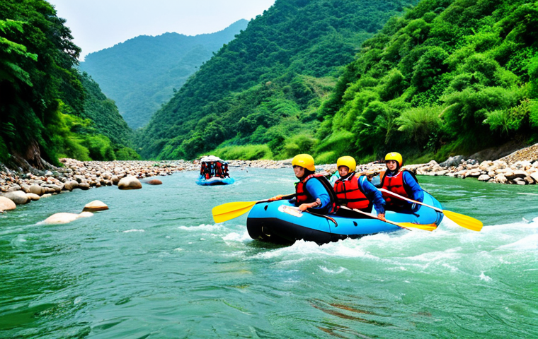 Rafting Adventure**
"A group of fully clothed people rafting on a river in Sochang Khang, surrounded by lush green hills, appropriate attire, safe for work, perfect anatomy, correct proportions, natural pose, professional outdoor adventure photography, clear water, bright daylight, family-friendly"
**