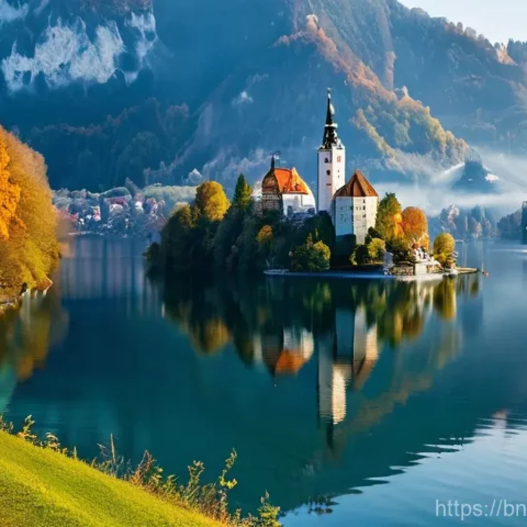 슬로베니아 물가 및 환전 팁 - **Prompt 1: Serene Autumn Morning at Lake Bled**
    "A picturesque, wide-angle shot of Lake Bled in...