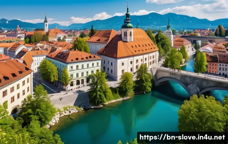 슬로베니아와 다른 유럽 국가 비교 - A vibrant scene of Ljubljana city blending historical architecture with modern life: cobblestone str...