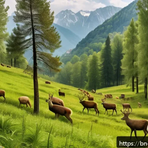 Home 30 슬로베니아 기후 변화 영향 - A detailed and vibrant depiction of Slovenia’s diverse wildlife and plant life in a mountainous regi...