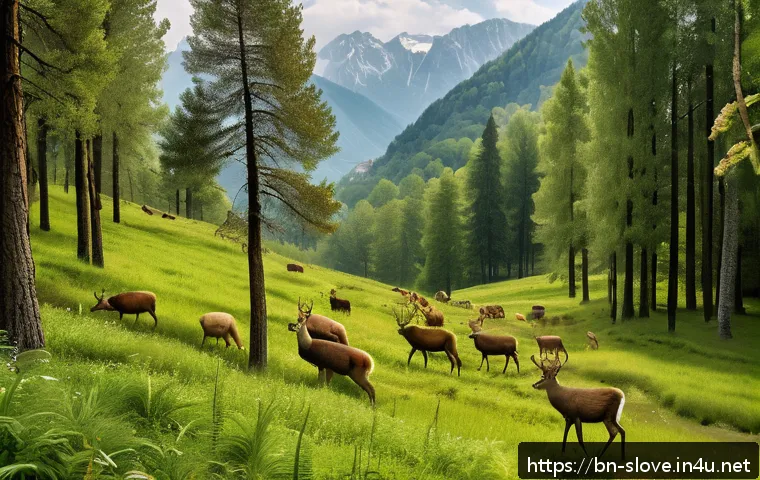 슬로베니아 기후 변화 영향 - A detailed and vibrant depiction of Slovenia’s diverse wildlife and plant life in a mountainous regi...