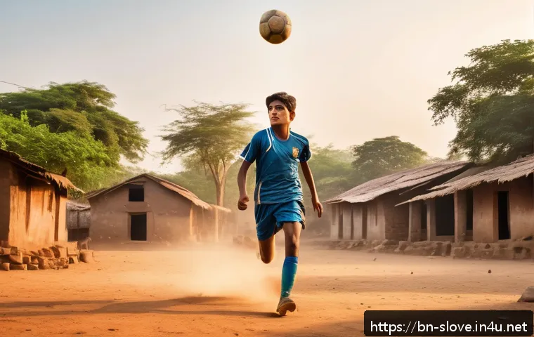 슬로베니아 출신 축구 선수 요십 일리치치 - A determined young Bengali football player practicing intensely on a dusty village field in the earl...