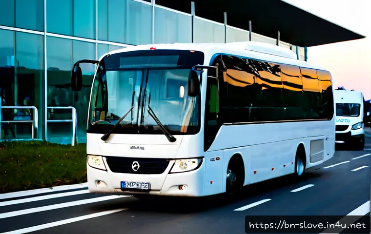 류블랴나 공항 교통편 - Photorealistic Ljubljana airport arrival scene, a modern white airport shuttle bus waiting at a clea...